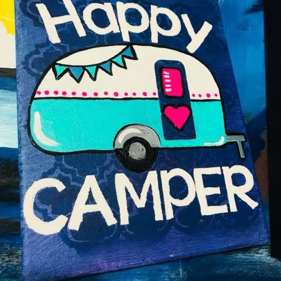 Happy camper summer art kit on canvas on a blue background, perfect for an campground entrance sign