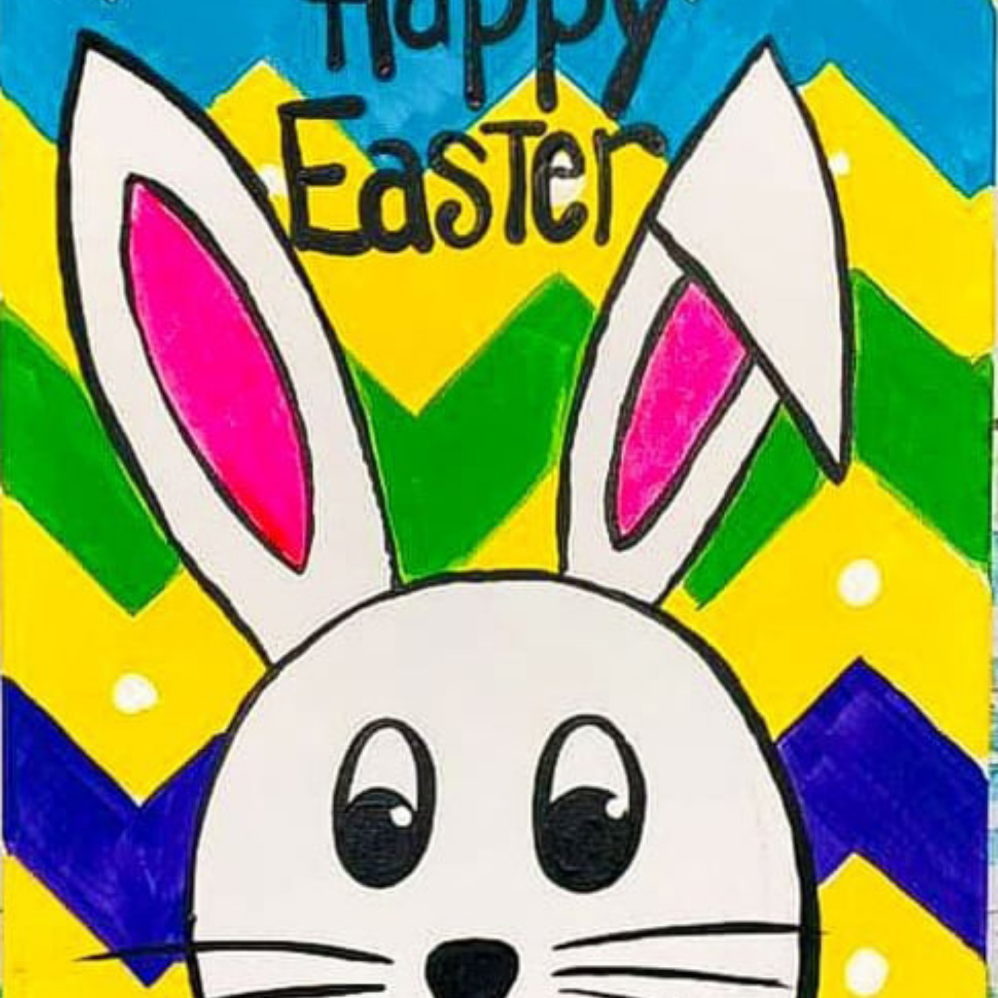A cute white Easter bunny with pink ears and whiskers against a vibrant yellow, green, and blue chevron background.