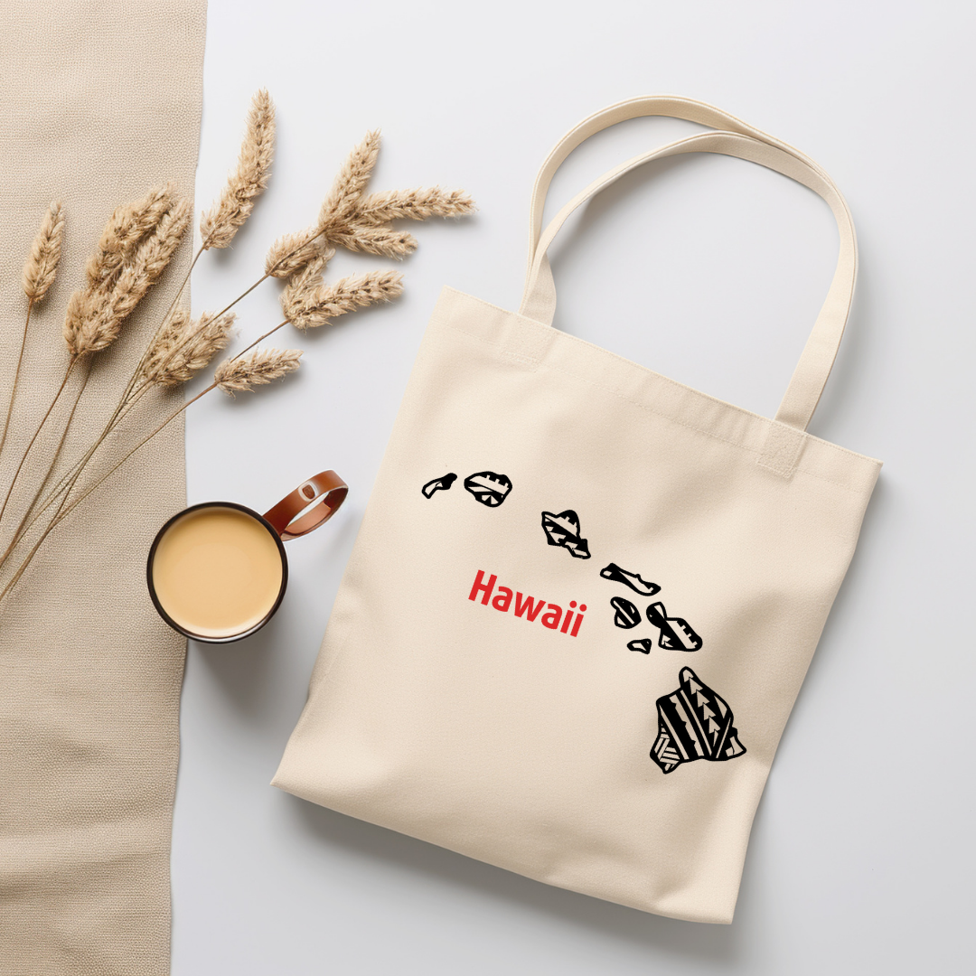 Organic canvas tote bag featuring Hawaii state with Polynesian tribal design