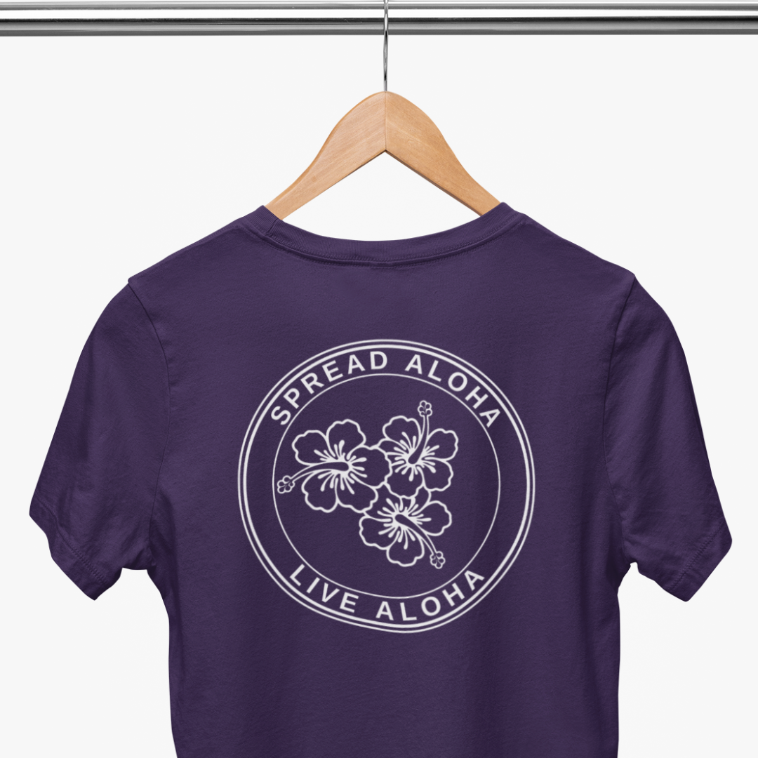 Back view of the purple tropical tee featuring the circular Spread Aloha Live Aloha hibiscus design.