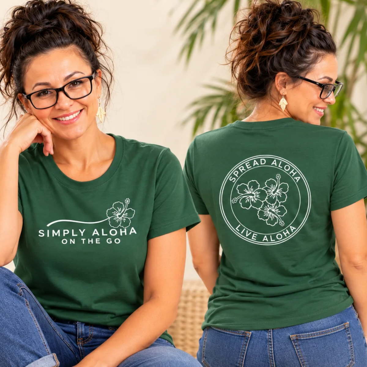 Woman wearing a forest green double-sided Hawaiian hibiscus graphic t-shirt with Simply Aloha On The Go Appare and Spread Aloha back design.