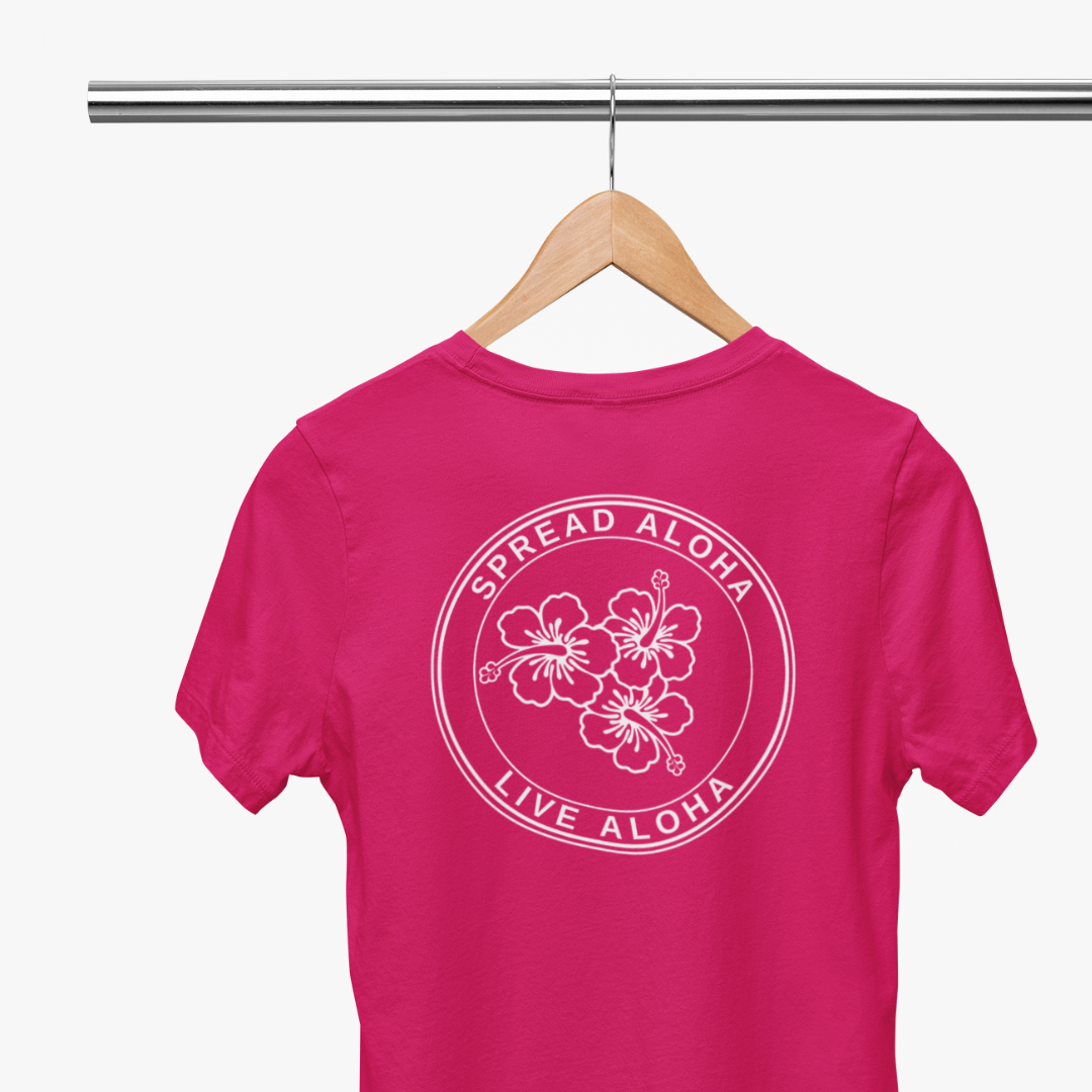 Back view of the pink tropical tee featuring the circular Spread Aloha Live Aloha hibiscus design.