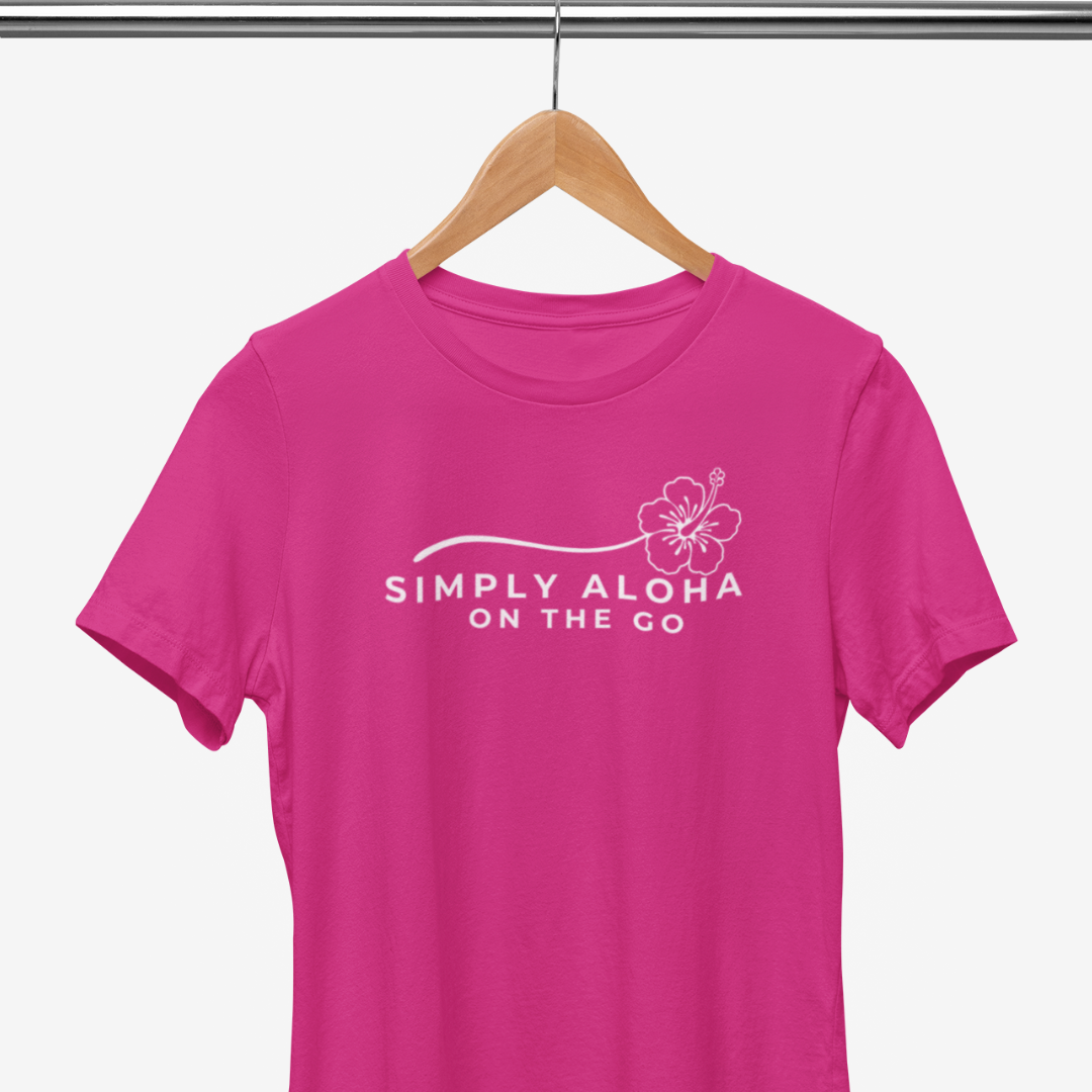 Front of Simply Aloha On The Go pink Hawaiian hibiscus graphic t-shirt.