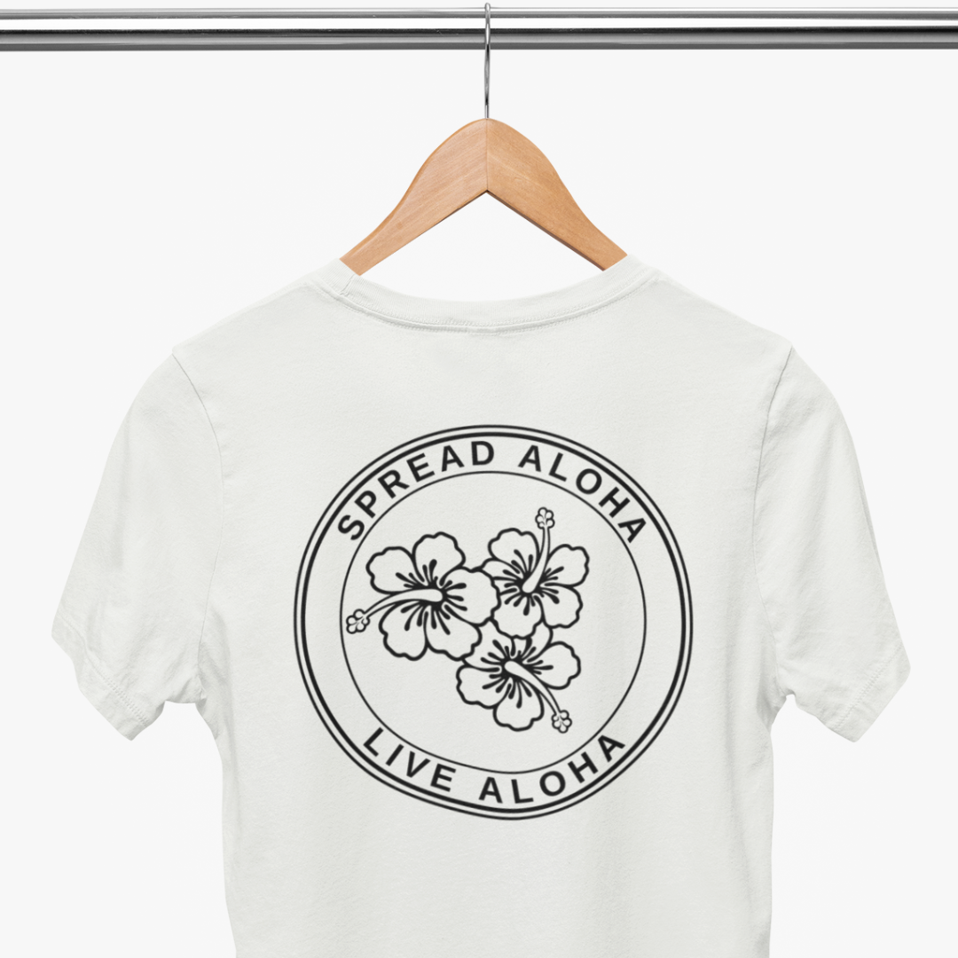 Back view of the white tropical tee featuring the circular Spread Aloha Live Aloha hibiscus design.