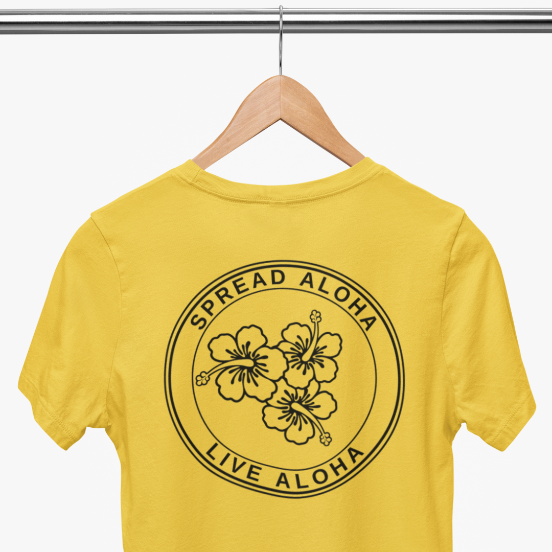 Back view of the yellow tropical tee featuring the circular Spread Aloha Live Aloha hibiscus design.
