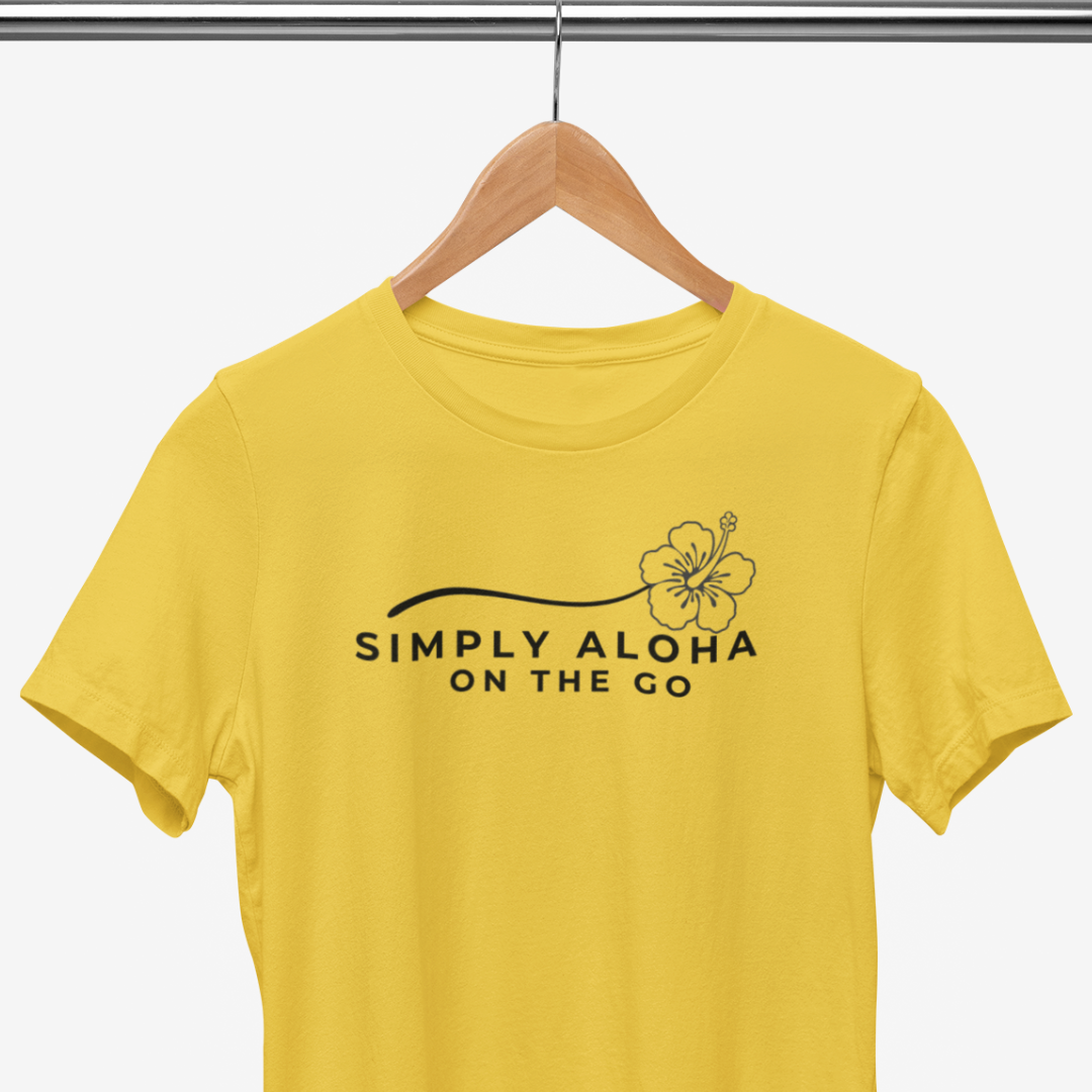 Front view of a Simply Aloha On The Go yellow Hawaiian hibiscus graphic t-shirt.