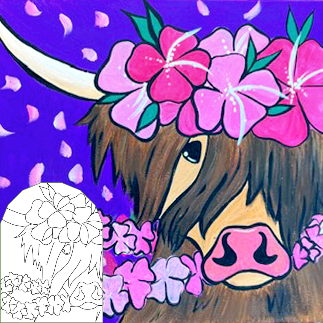 HIghlander cow with floral headband on a purple background with flower petals, summer-themed paint kit perfect for a group paint party.