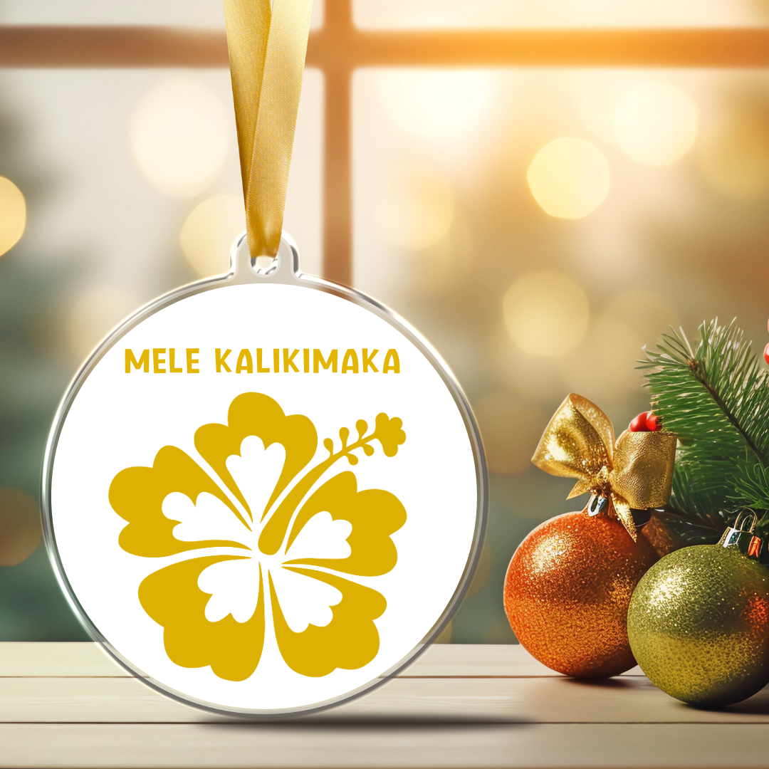 Mele Kalikimaka yellow Hibiscus Double-sided Christmas Ornament, handcrafted tropical holiday tree decor