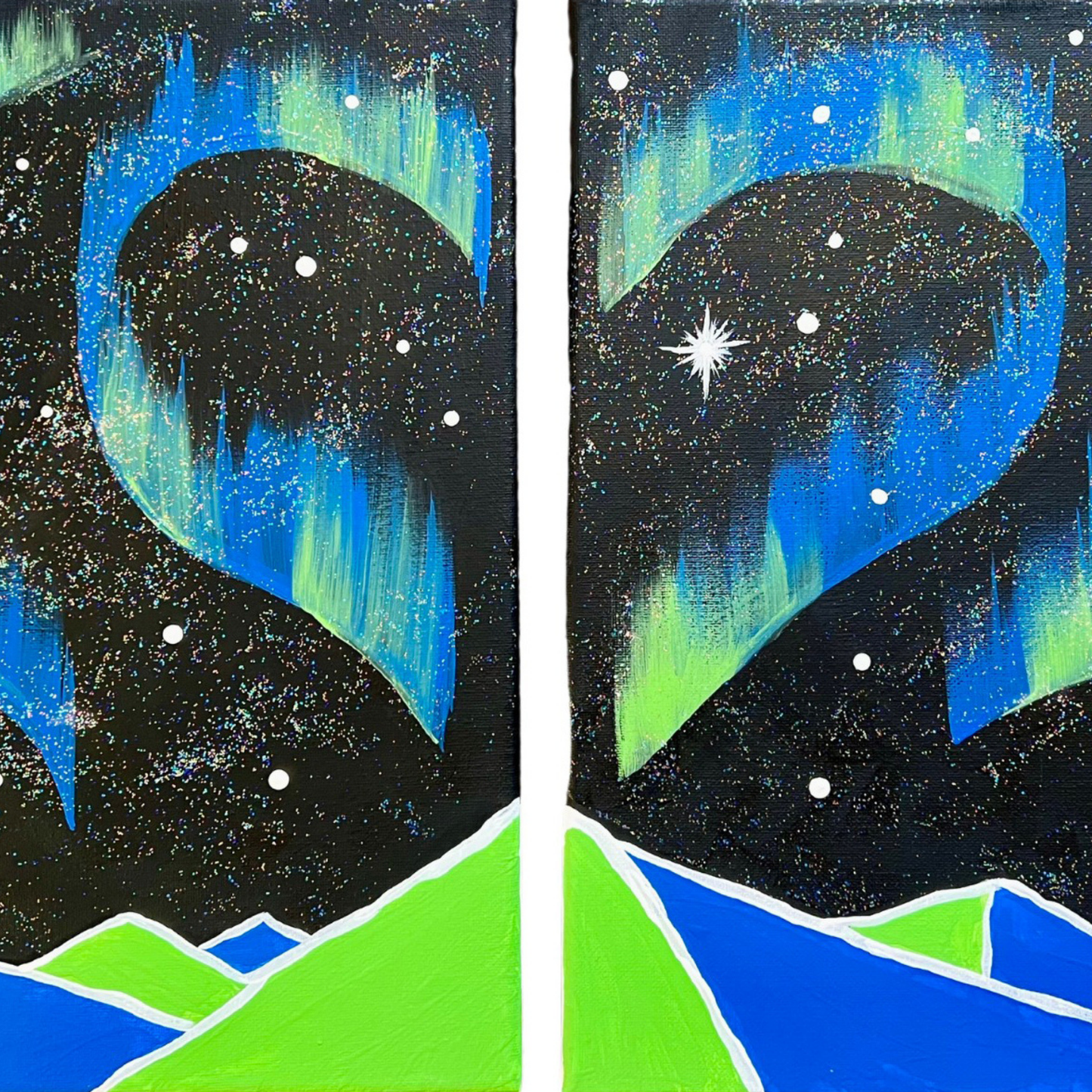 A starry night sky featuring pink and purple aurora borealis shaped like a heart over bright pink mountain peaks.