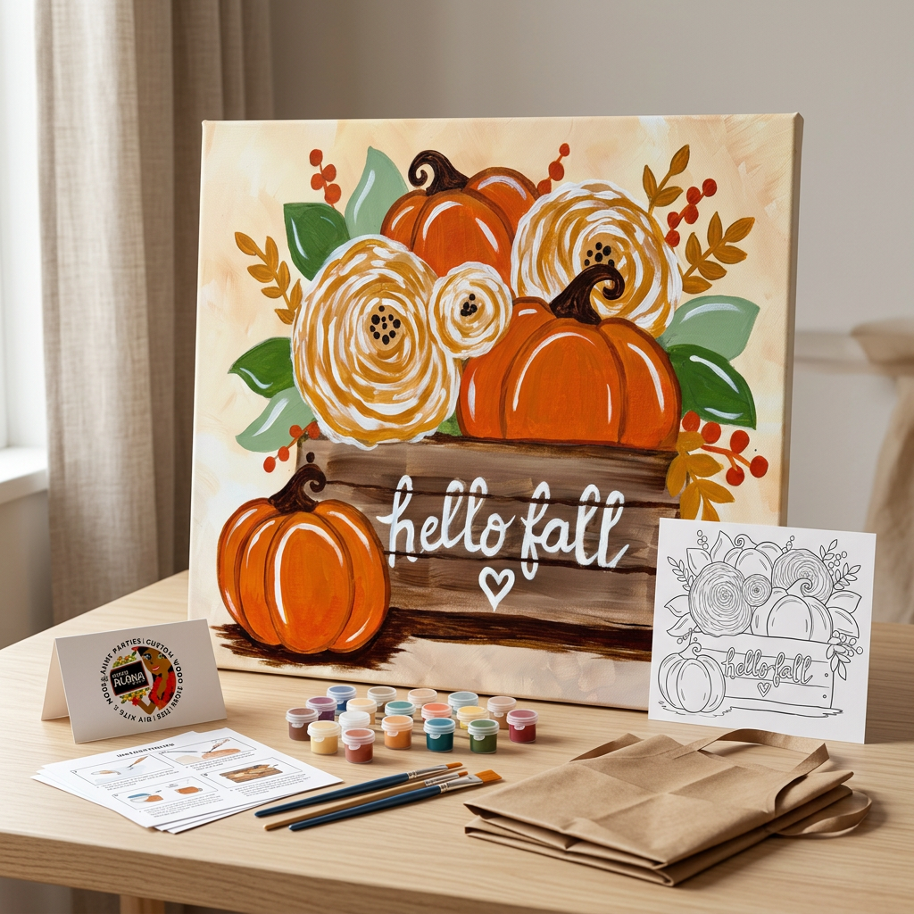 Hello Fall DIY Paint Kit mockup with pumpkin-and-flower canvas, outline design, paints, brushes, instructions, folded disposable apron.
