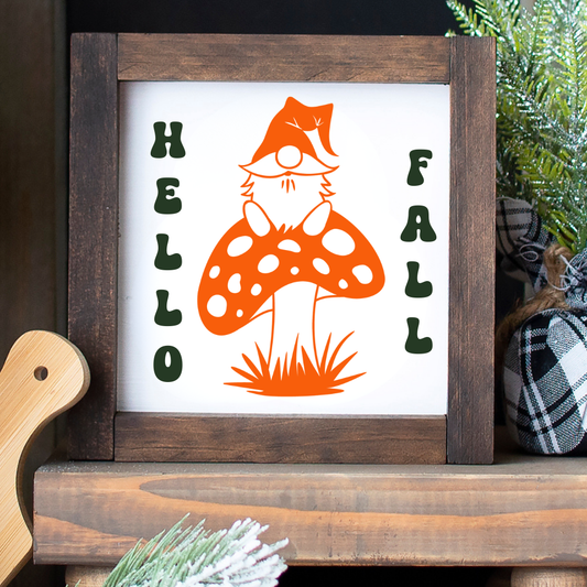 6x6 Hello Fall gnome on mushroom wood sign for tiered tray or autumn shelf decor