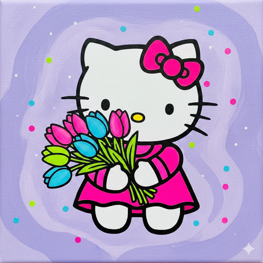 A hand-painted 8x10 canvas of Hello Kitty with her signature red bow on a bright, colorful background, perfect for a kids' paint party.