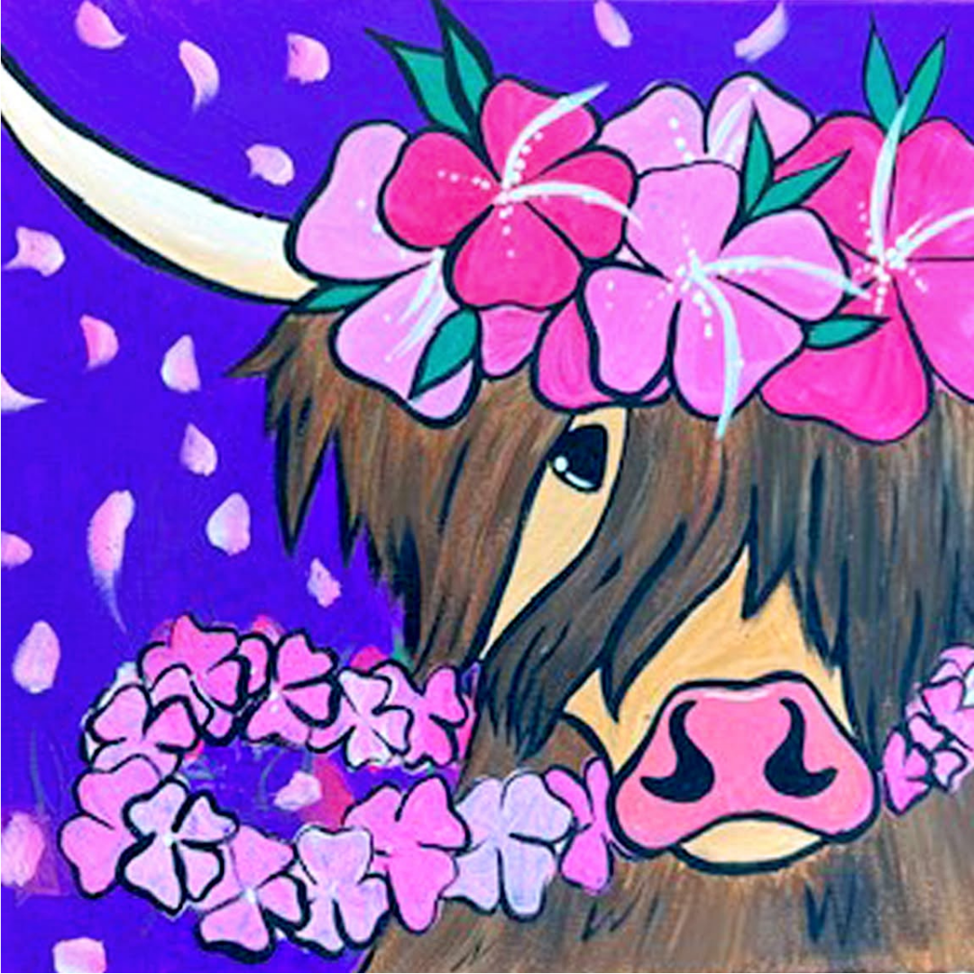 Highlander Cow Diy Paint Kit. Canvas art featuring a Highlander cow wearing tropical flowers and a lei