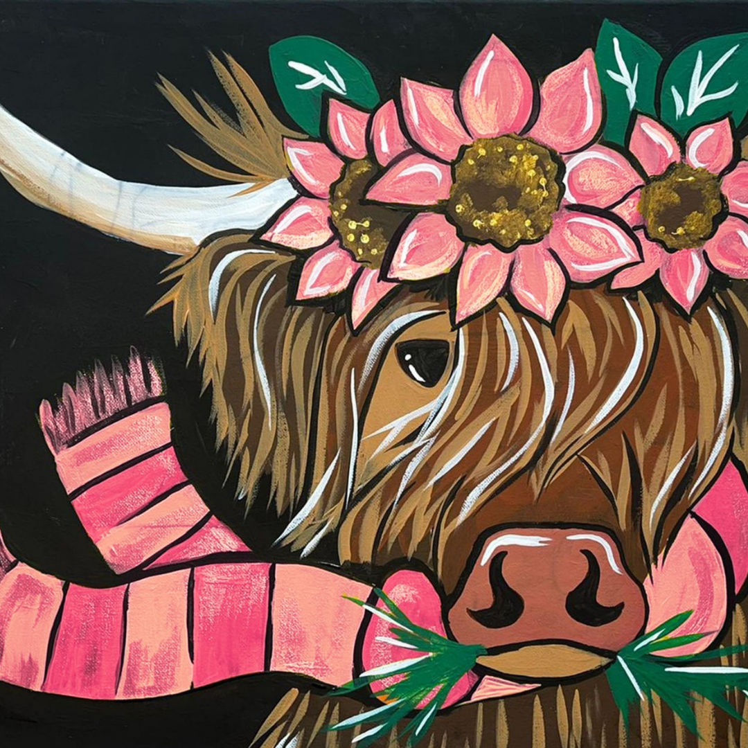 Painting of a highlander cow wearing a pink sweater and flower crown on a black background, includes painting supplies