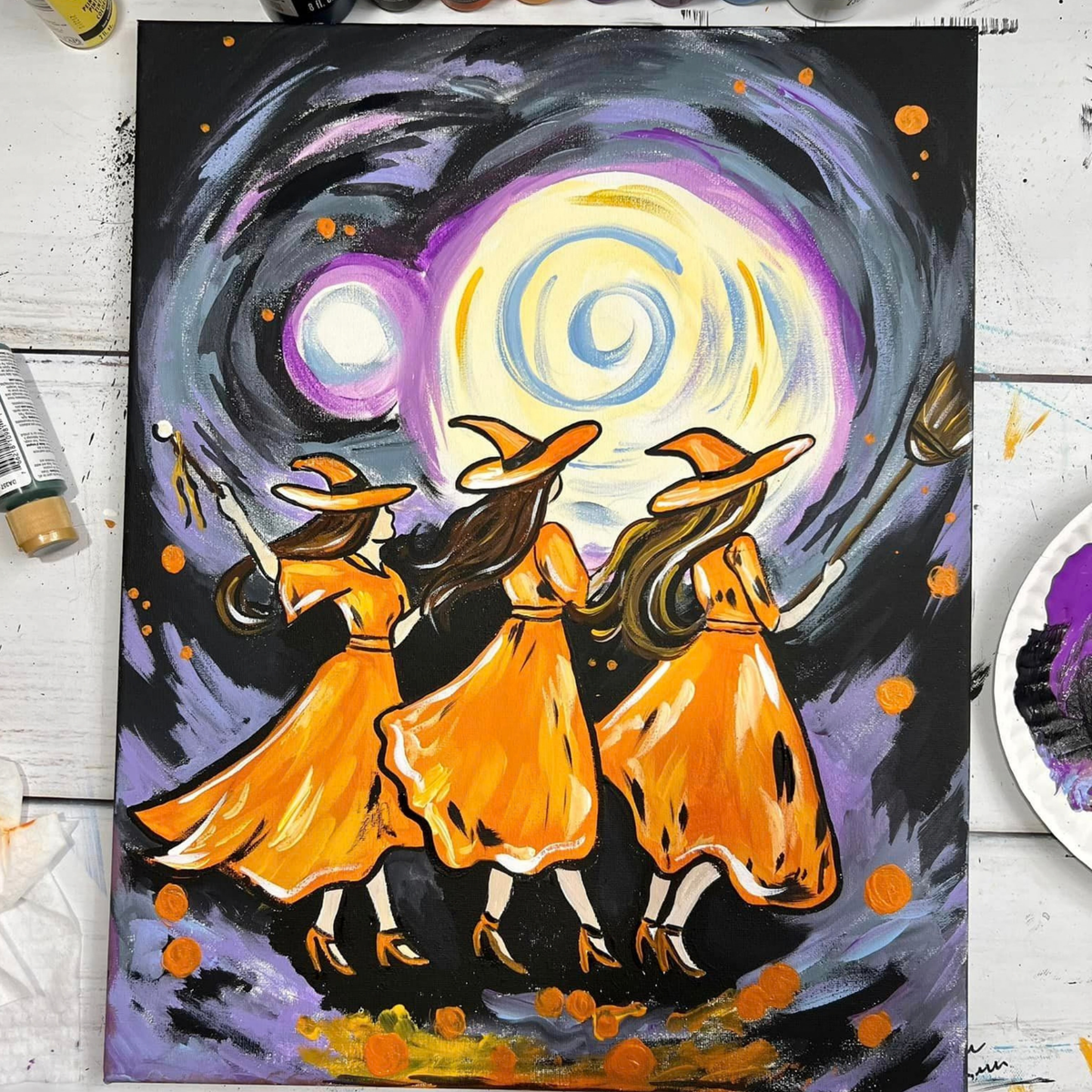 Hocus Pocus Witches of Halloween DIY paint kit, three witches in purple, blue, black, and orange