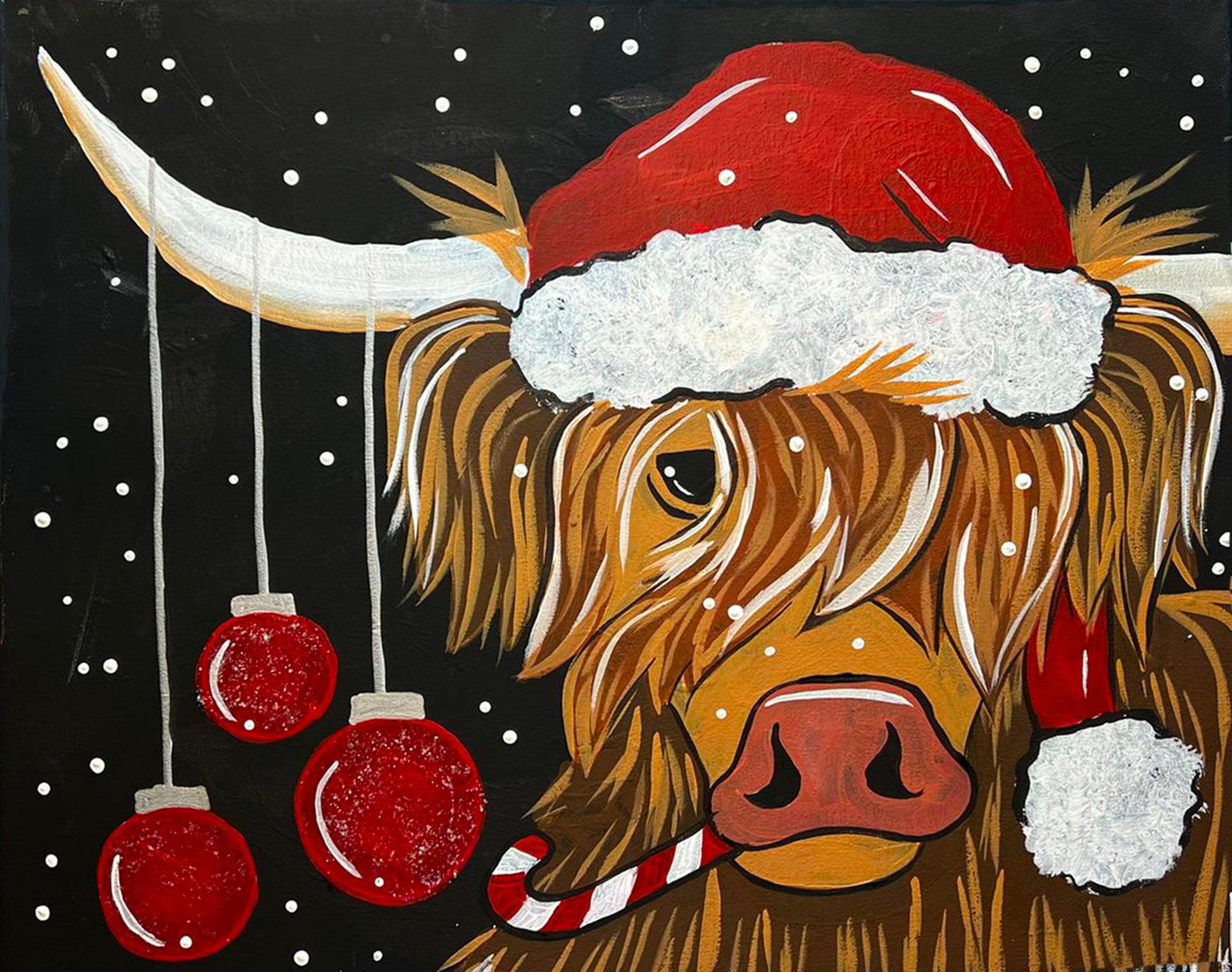 A DIY paint party kit in canvas painting of a Highlander Cow wearing a Christmas scarf and flower crown . 