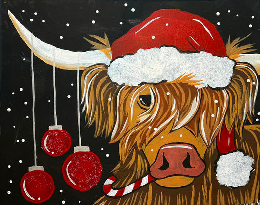A DIY paint party kit in canvas painting of a Highlander Cow wearing a Christmas scarf and flower crown . 