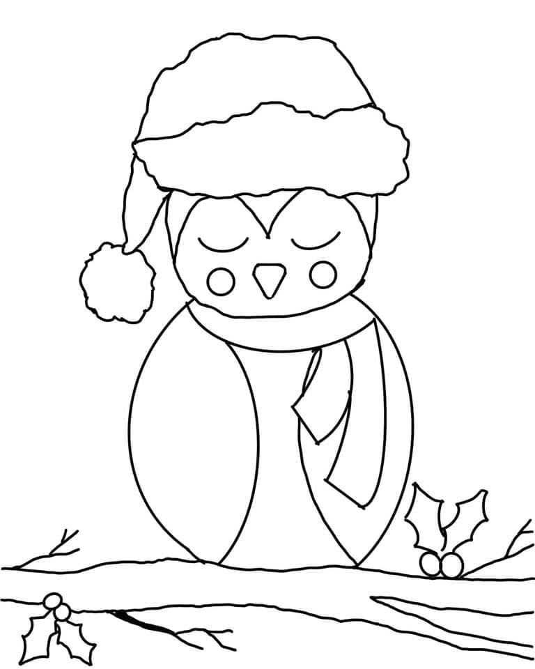 Black and white line drawing of a penguin wearing a Santa hat with holly leaves and berries.