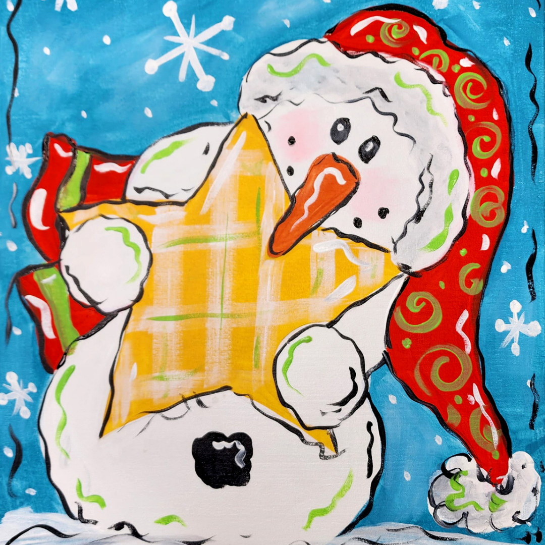 Colorful snowman holding a star against a blue background with snowflakes