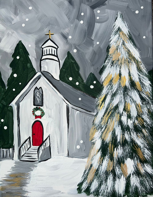 A finished Winter Church Holiday paint kit with snowy chapel and glowing holiday lights by Simply Aloha On The Go