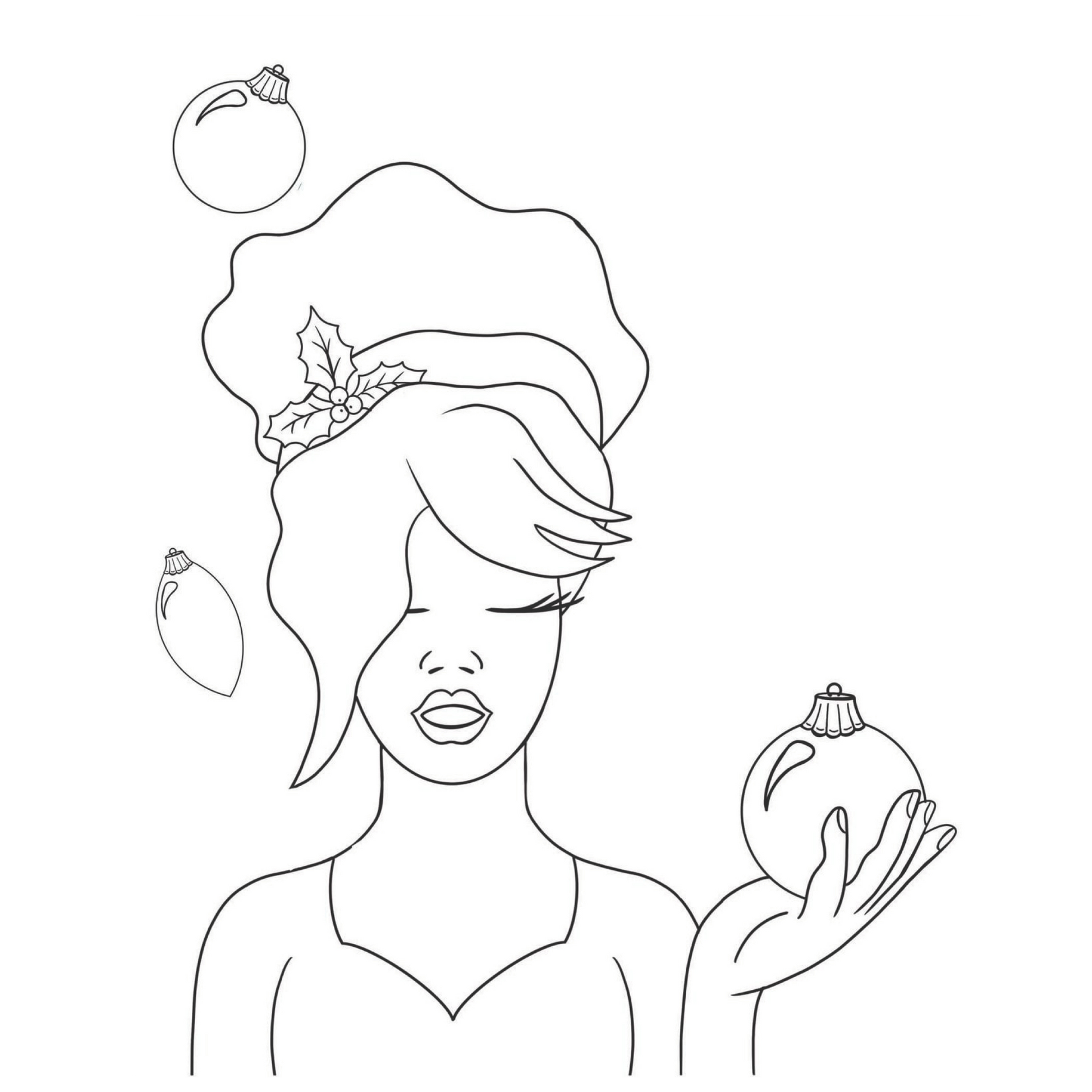 Outline drawing of a woman holding pumpkins on a white background