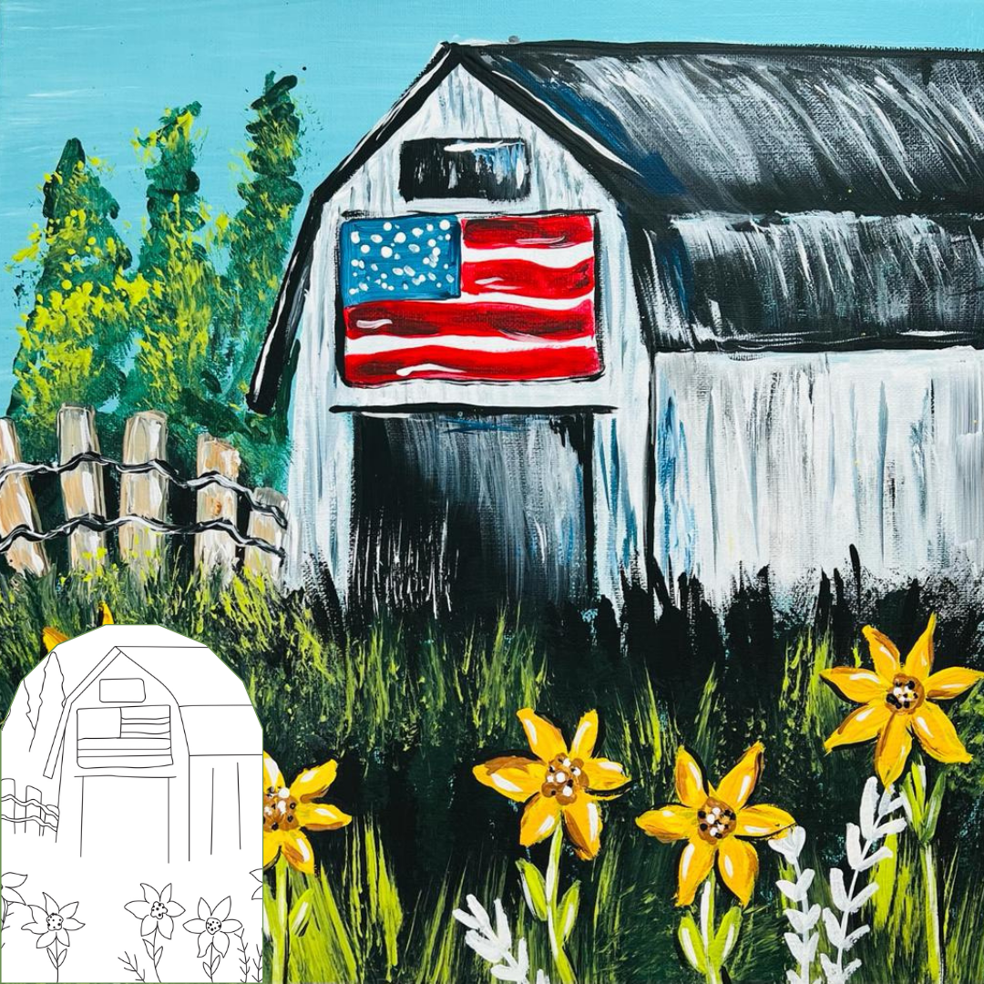 Painting of a barn with an American flag, surrounded by yellow flowers and greenery perfect for a group paint party