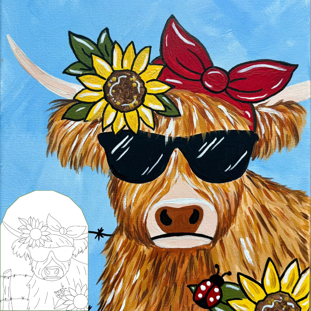 Honey Highlander Cow DIY paint kit with a shaggy cow in sunglasses, red bow, sunflowers and outlined canvas tracer