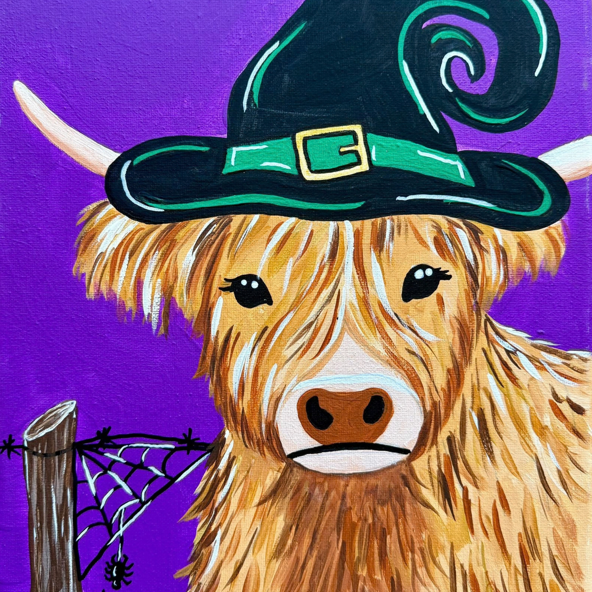 Honey The Highlander Witch Witches of Halloween DIY paint kit, fluffy highland cow in a teal witch hat with a spiderweb fence on purple