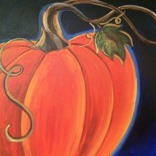 Hope Floats Pumpkin DIY paint kit, glowing orange pumpkin with golden curly vines and green leaf on deep blue canvas 