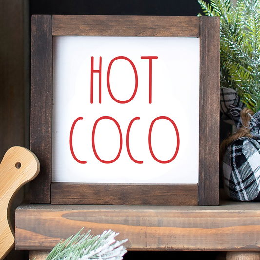 Hot Cocoa Christmas mini wood sign for farmhouse tiered tray or shelf sitter-white background with red font