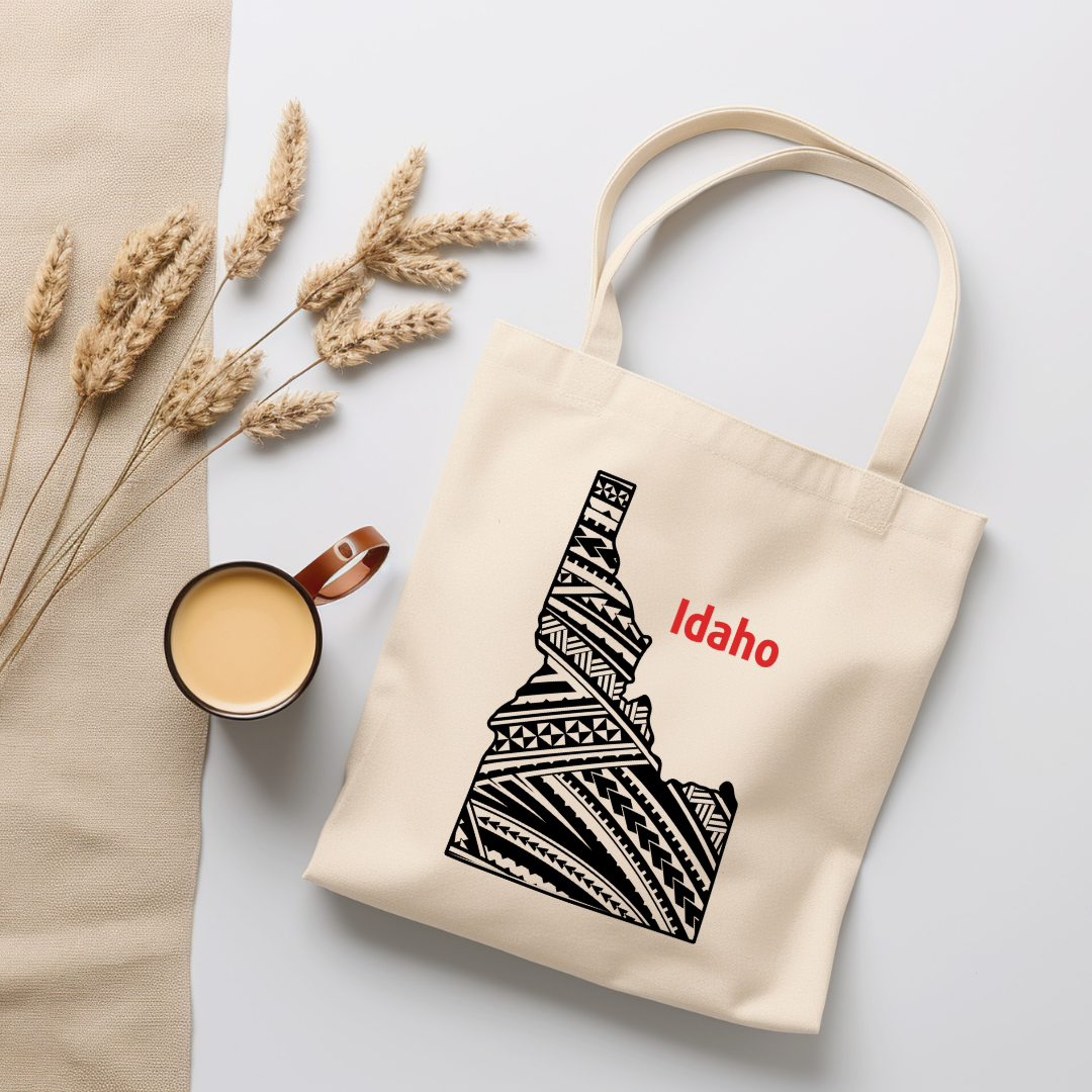 Idaho-A double-sided, eco-friendly Polynesian Pride tote bag featuring a tribal map design from the 50 State Tribal Map Collection