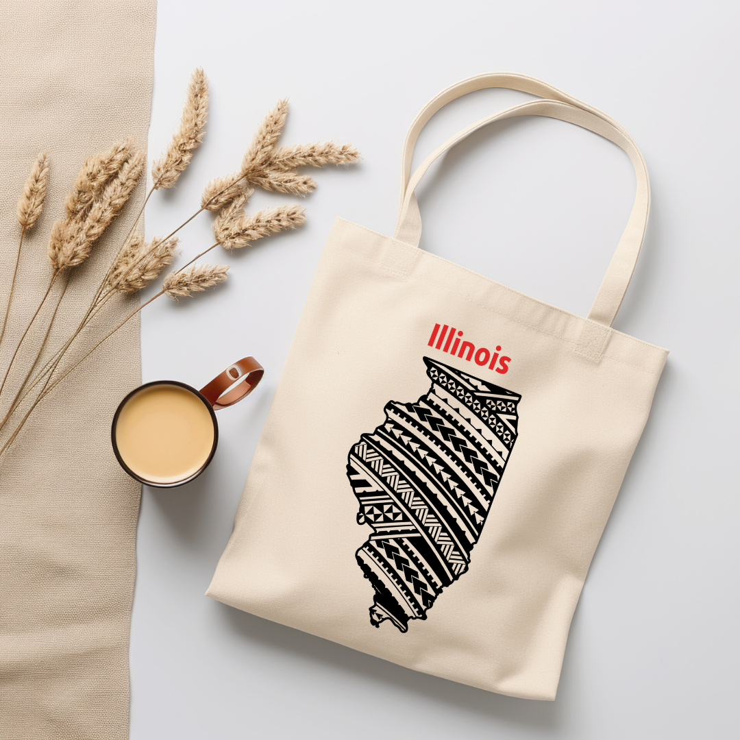 illinois-A double-sided, eco-friendly Polynesian Pride tote bag featuring a tribal map design from the 50 State Tribal Map Collection