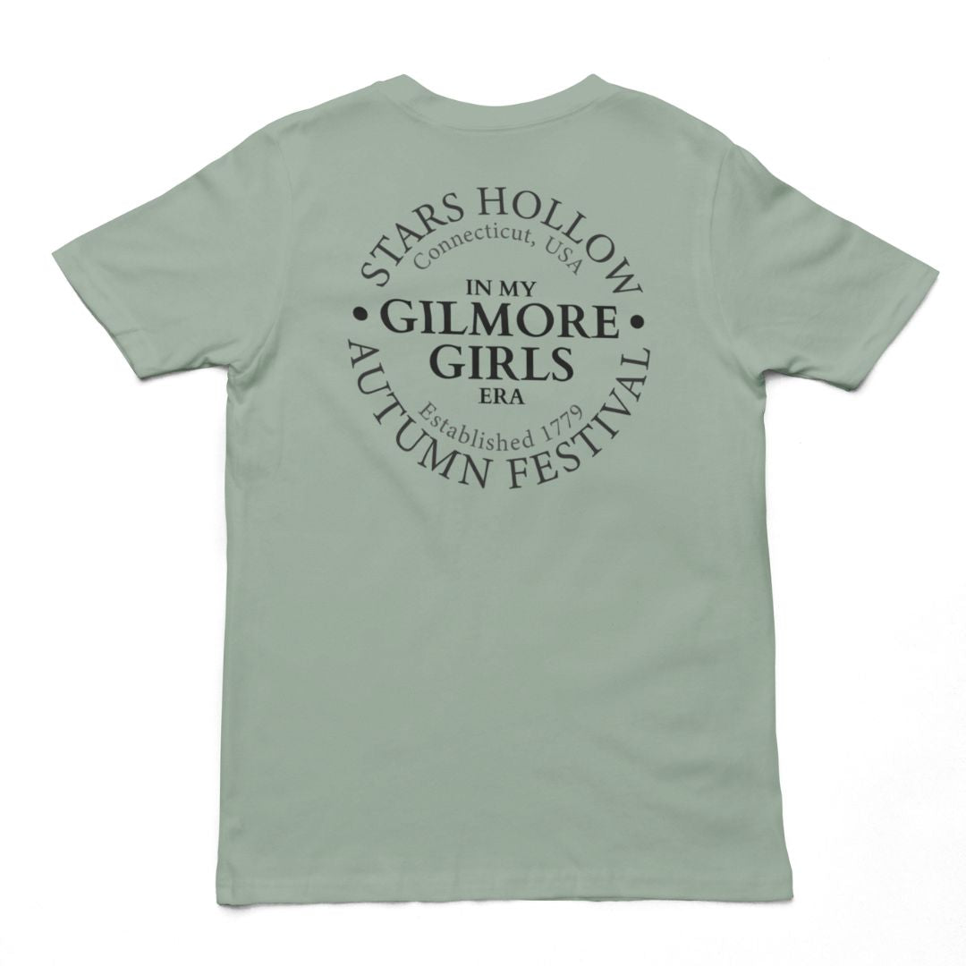 In My Gilmore Girls Era graphic tee back print, double-sided Gilmore Girls fan shirt in sage green
