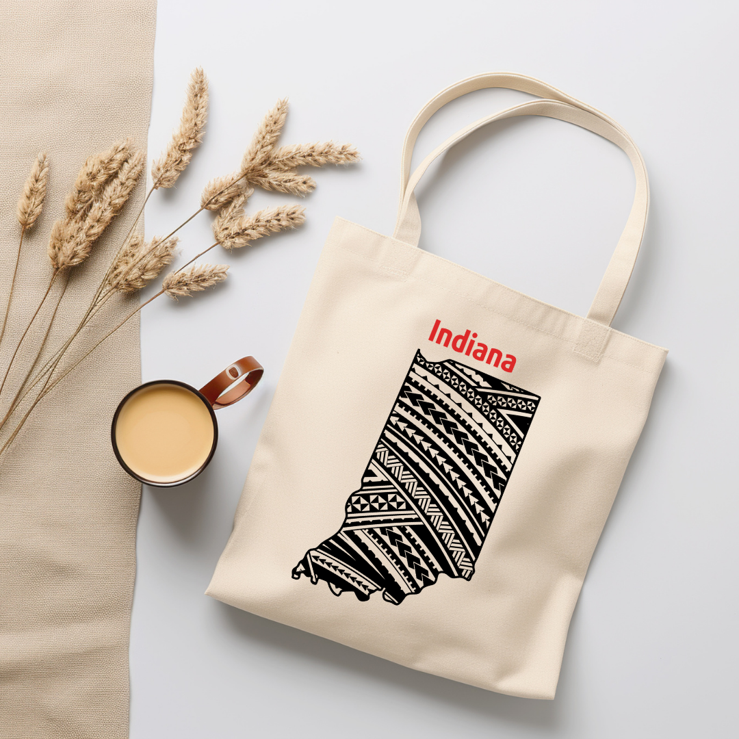 Indiana-A double-sided, eco-friendly Polynesian Pride tote bag featuring a tribal map design from the 50 State Tribal Map Collection