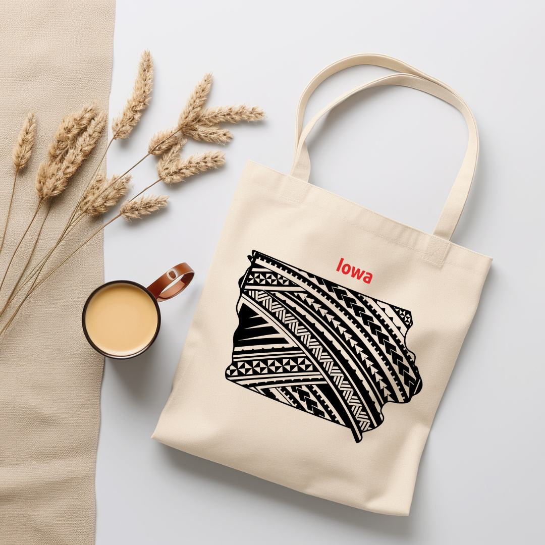 Iowa-A double-sided, eco-friendly Polynesian Pride tote bag featuring a tribal map design from the 50 State Tribal Map Collection
