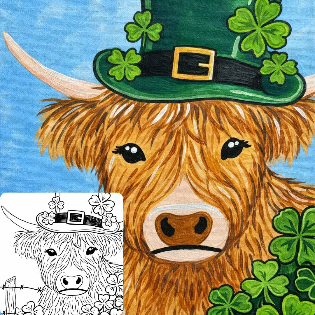 Painting of a highland cow wearing a green hat with shamrocks against a blue sky.