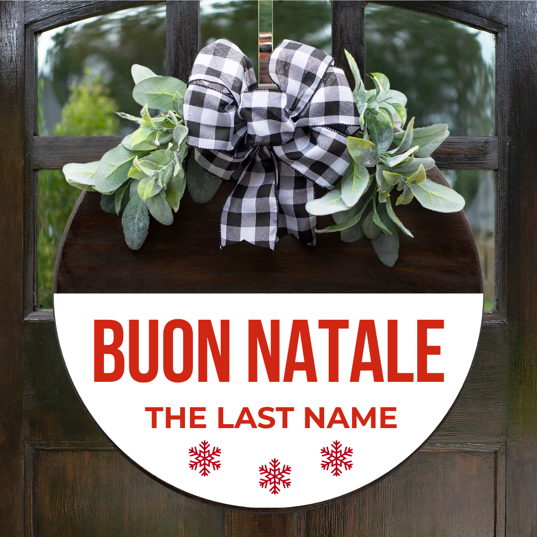 Italian Christmas door hanger personalized with Buon Natale and custom family name in  gold font