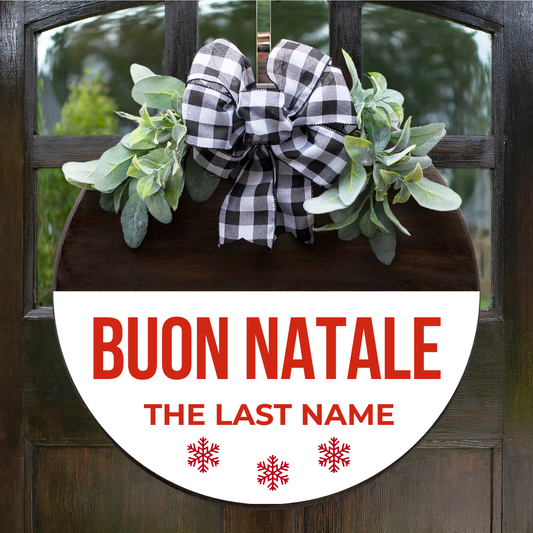 Italian Christmas door hanger personalized with Buon Natale and custom family name in  gold font
