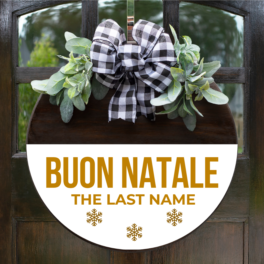Italian Christmas door hanger personalized with Buon Natale and custom family name in  gold font