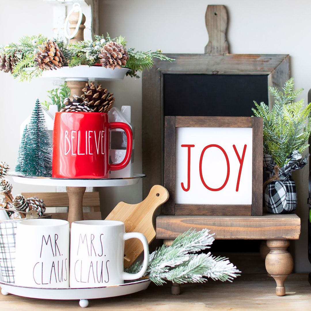 8x8 JOY Christmas farmhouse shelf sitter sign in white styled on a holiday tiered tray with greenery — Simply Aloha On The Go