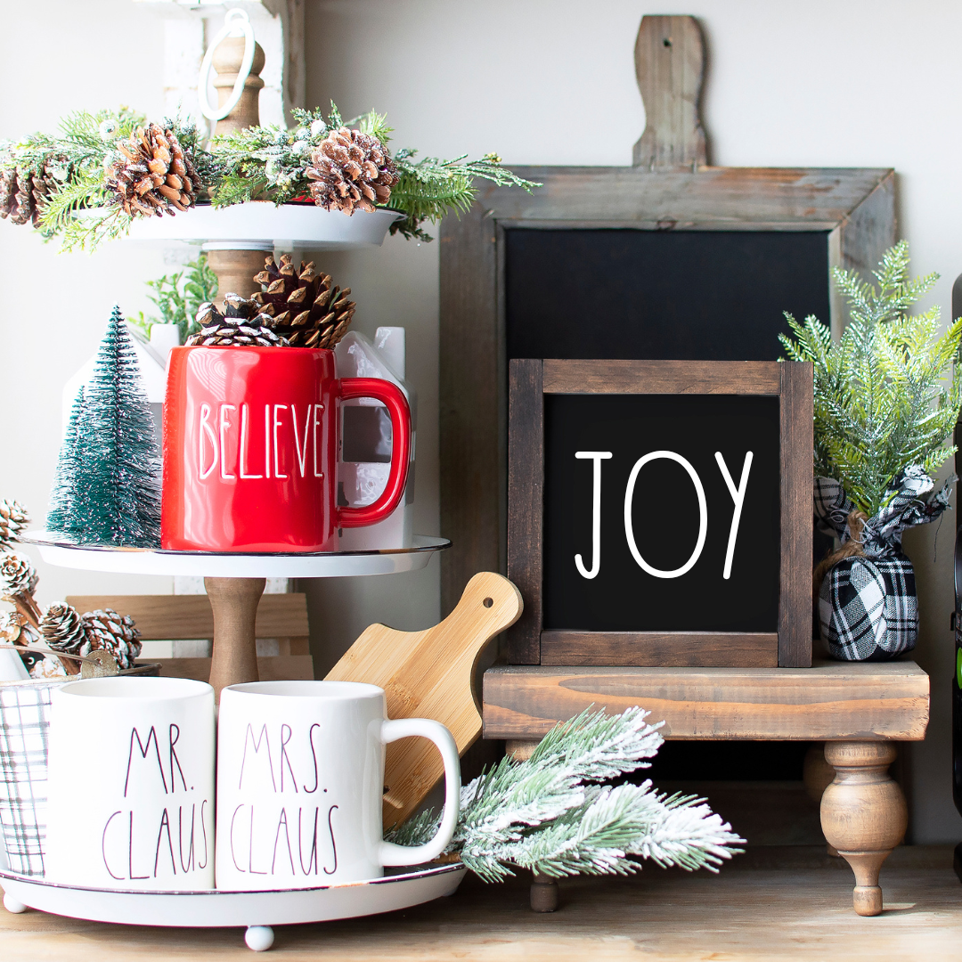 8x8 JOY Christmas farmhouse shelf sitter sign in black styled on a holiday tiered tray with greenery — Simply Aloha On The Go