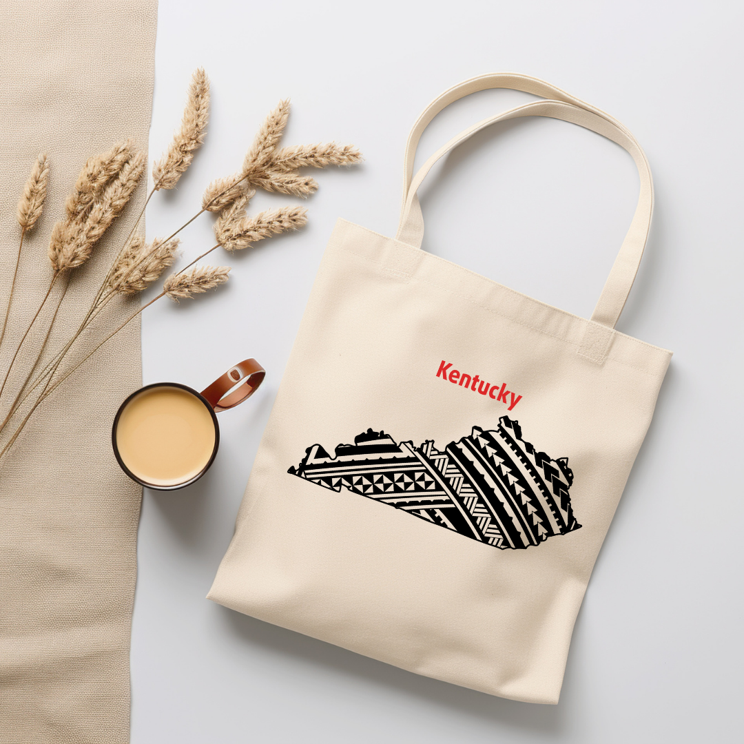 Kentucky-A double-sided, eco-friendly Polynesian Pride tote bag featuring a tribal map design from the 50 State Tribal Map Collection