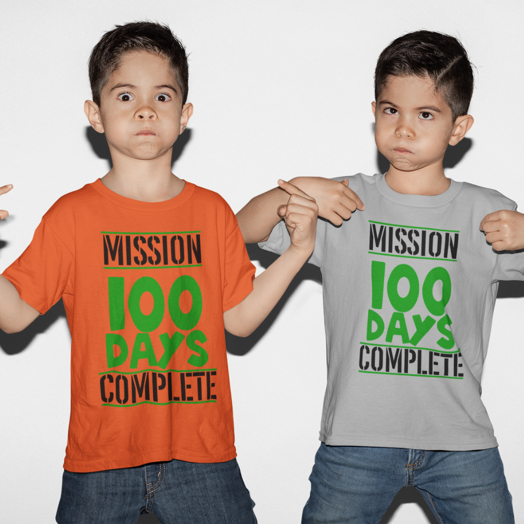 Kids 100 days of school t-shirt Mission 100 Days Complete in orange and gray