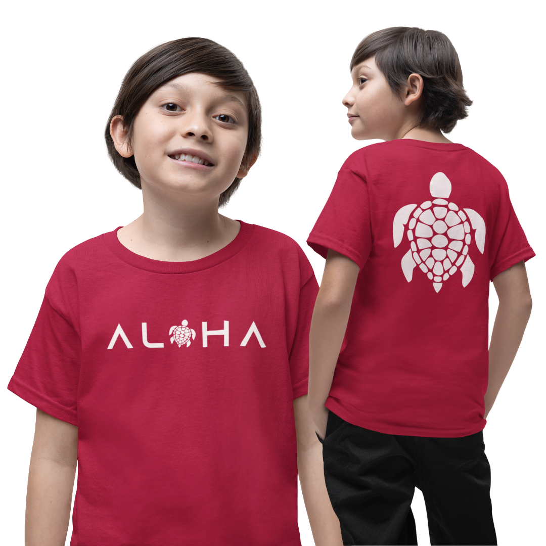 Boys Double-Sided Aloha T-Shirt – Front Aloha, Back Honu Turtle 