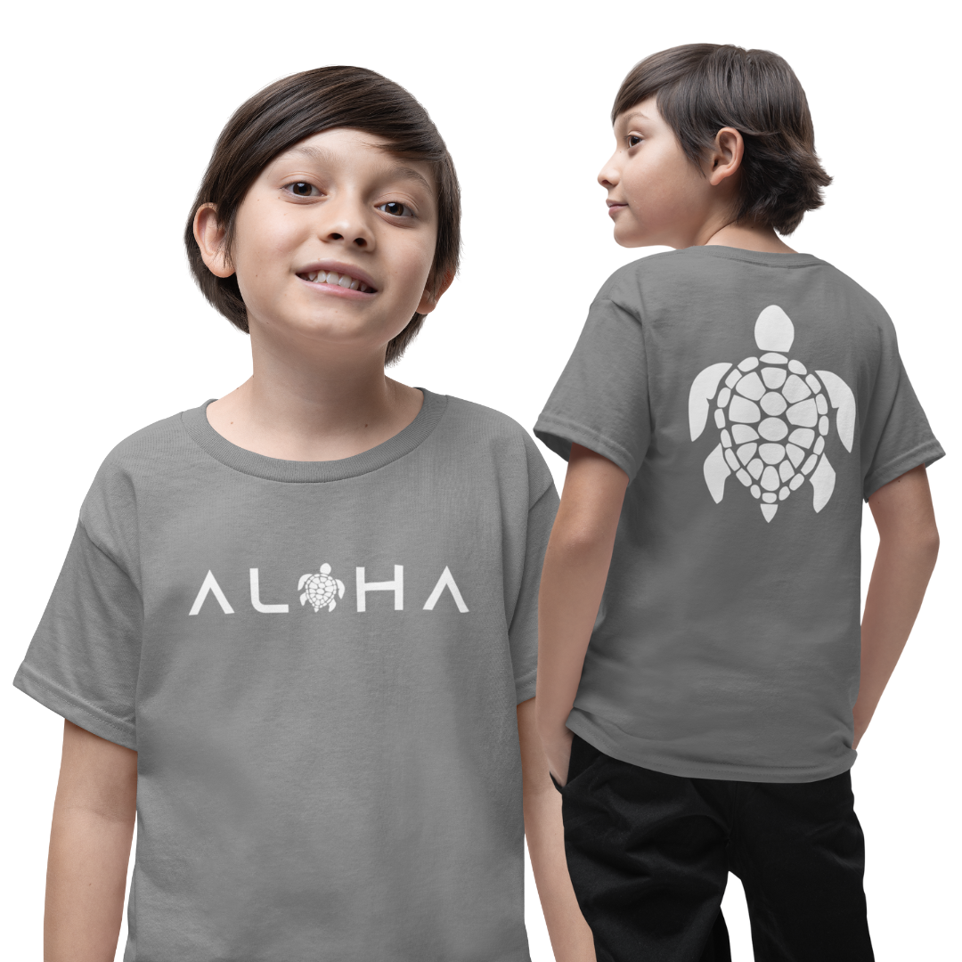 Boys Double-Sided Aloha T-Shirt – Front Aloha, Back Honu Turtle 