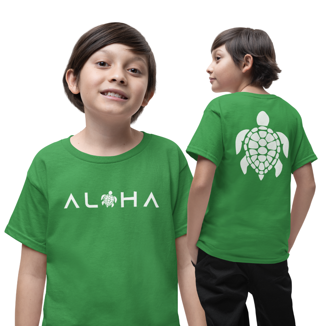 Boys Double-Sided Aloha T-Shirt –Front Aloha, Back Honu Turtle 