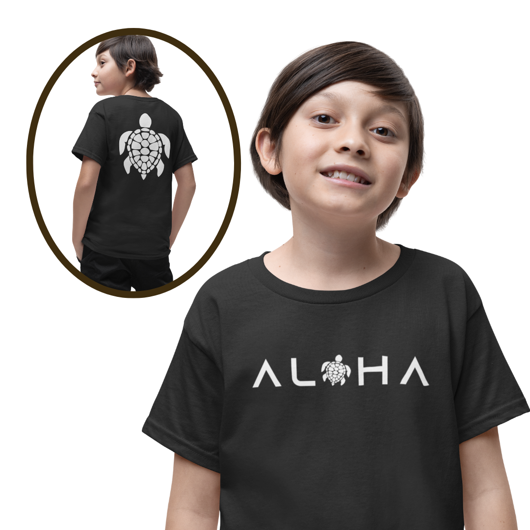 Boys Double-Sided Aloha T-Shirt –Front Aloha, Back Honu Turtle
