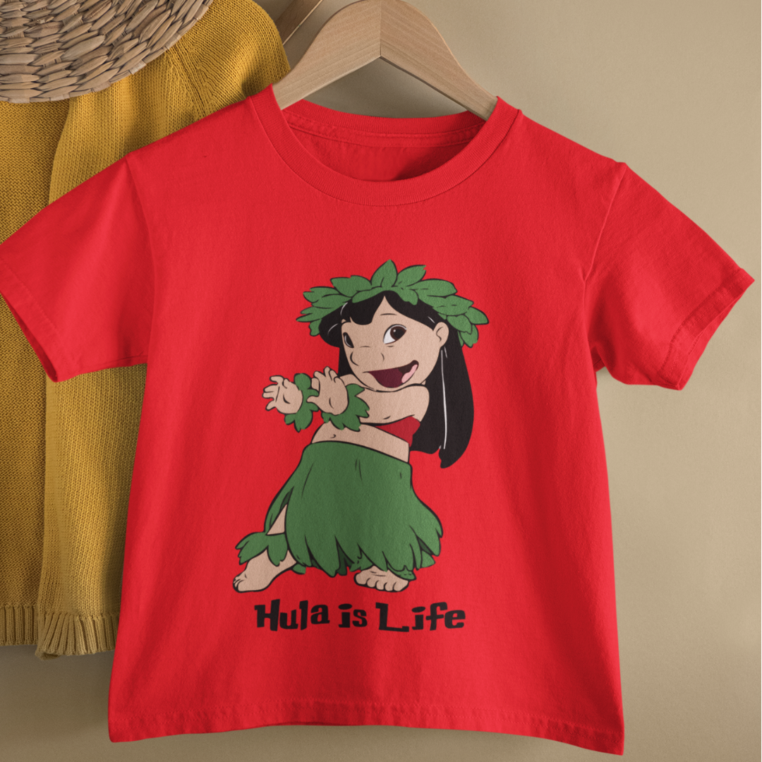 Kids Hula is life t-shirt in red with a graphic design of a cute girl in her hula dance pose.