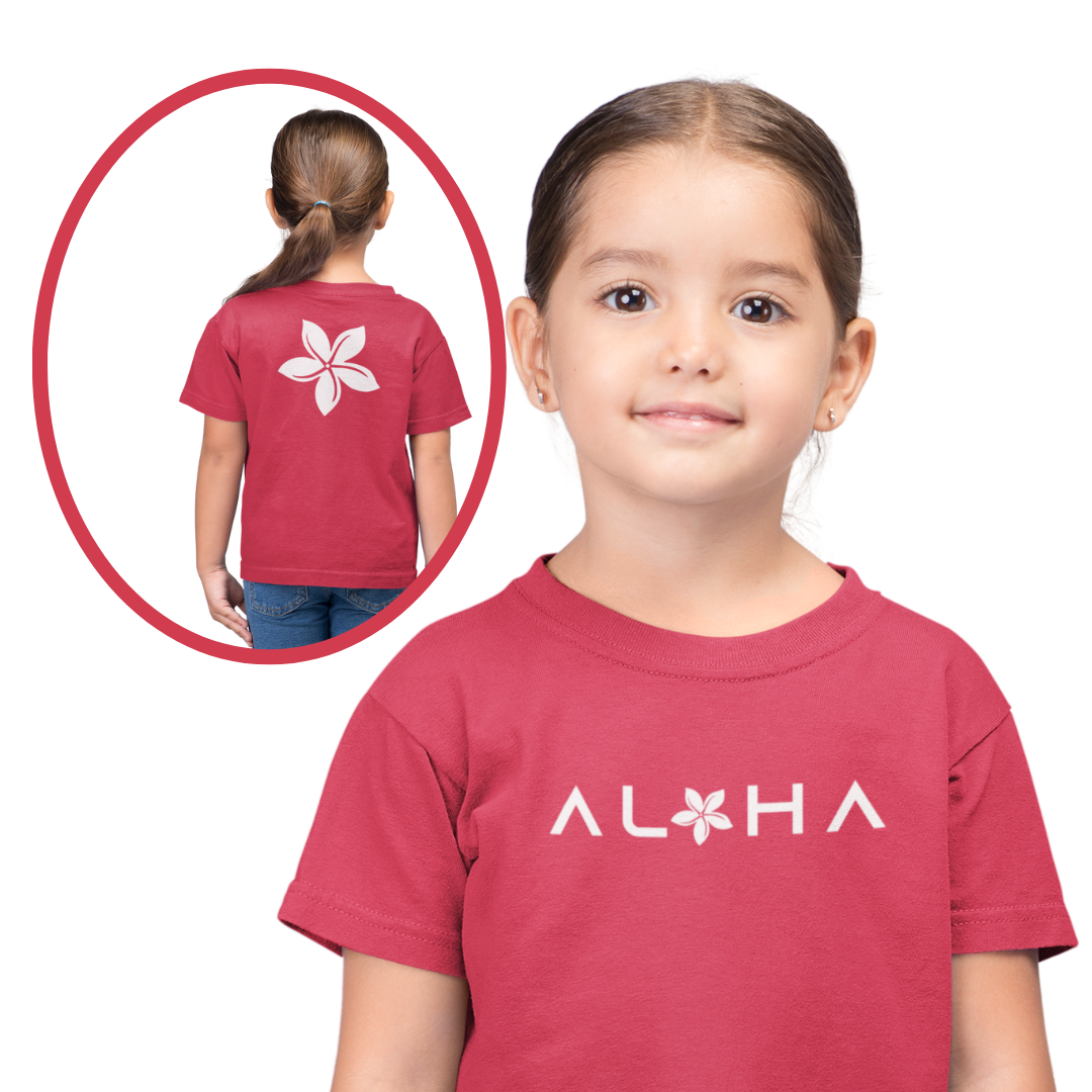 Girls Double-Sided Aloha T-Shirt  Front Aloha, Back Tiare Flower | Hawaiian Kids Tee by Simply Aloha On The Go