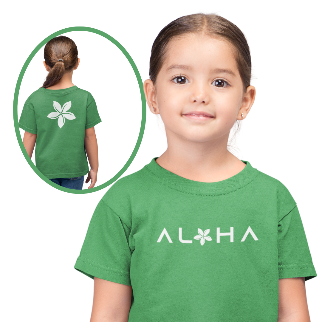 Girls Double-Sided Aloha T-Shirt – Front Aloha, Back Tiare Flower | Hawaiian Kids Tee by Simply Aloha On The Go™